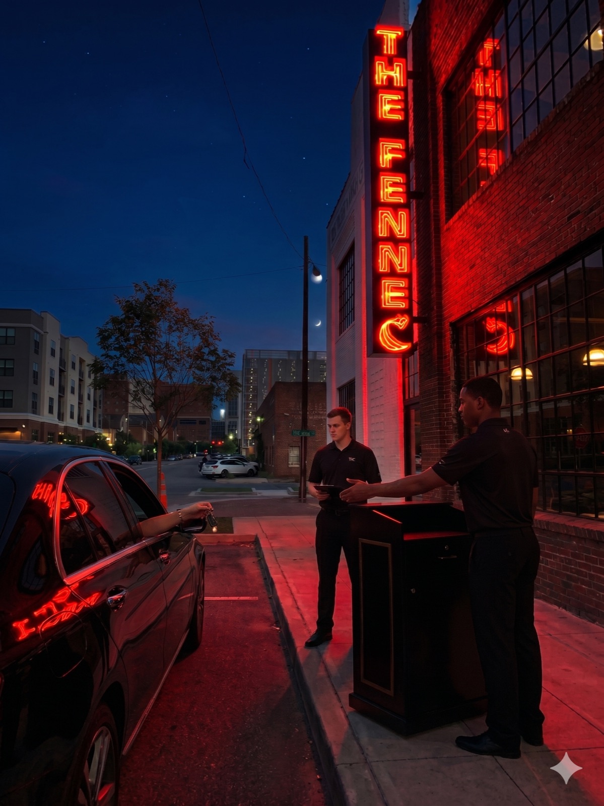 Valet at The Fennec's front entrance, neon sign overhead